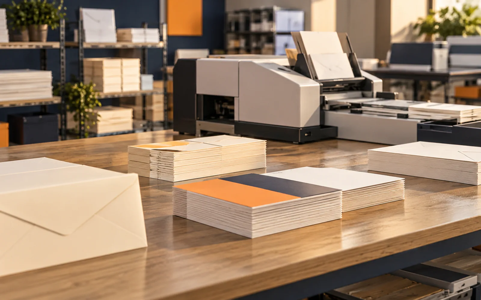 Direct-mail production workspace with organized envelopes and mail pieces