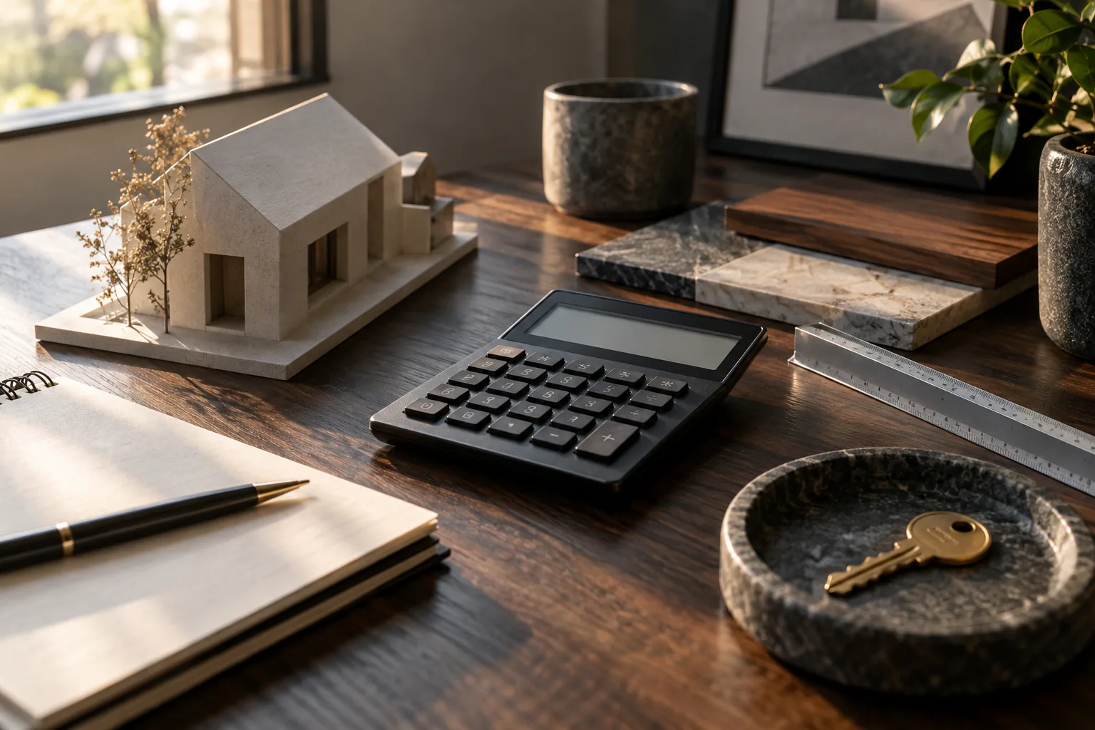 Illustrative mortgage planning workspace with model home and keys