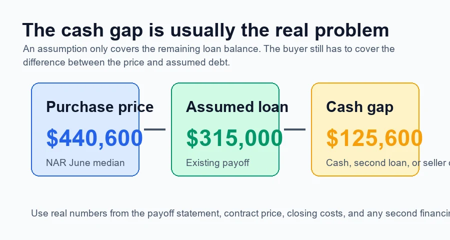 A local Ratespedia graphic showing a purchase price, assumed loan balance, and remaining equity gap that the buyer must solve