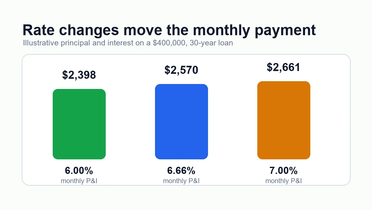 A Ratespedia chart comparing monthly principal and interest at 6.00%, 6.66%, and 7.00% on a $400,000 mortgage