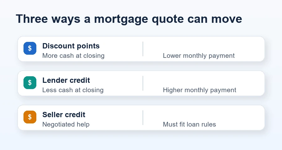 A local Ratespedia graphic comparing discount points, lender credits, and seller credits on a mortgage closing table