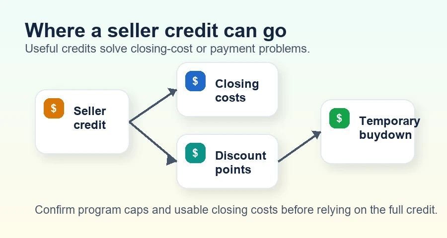 A local Ratespedia graphic showing how seller credits can be applied to closing costs, discount points, and temporary buydowns