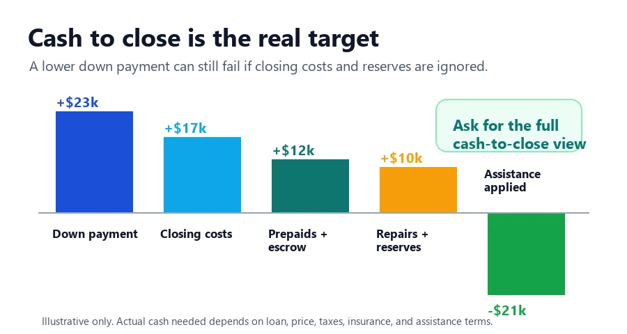 A local Ratespedia graphic showing how cash to close includes down payment, closing costs, prepaid escrow items, repairs, reserves, and assistance applied