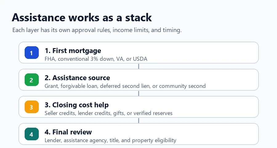 A local Ratespedia graphic showing down payment assistance as a stack of first mortgage, assistance source, closing cost help, and final review
