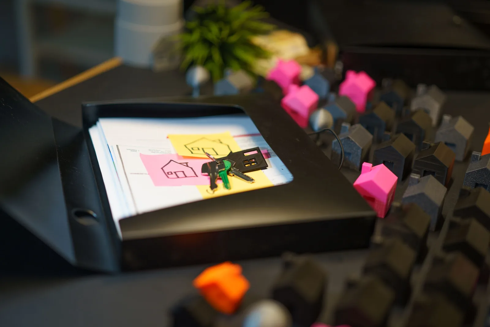 House models, keys, and mortgage documents arranged on a desk for home financing preparation