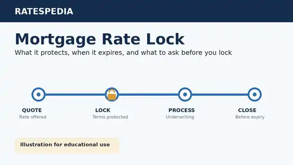 Ratespedia illustration showing the mortgage process from quote to rate lock, underwriting, and closing before the lock expires
